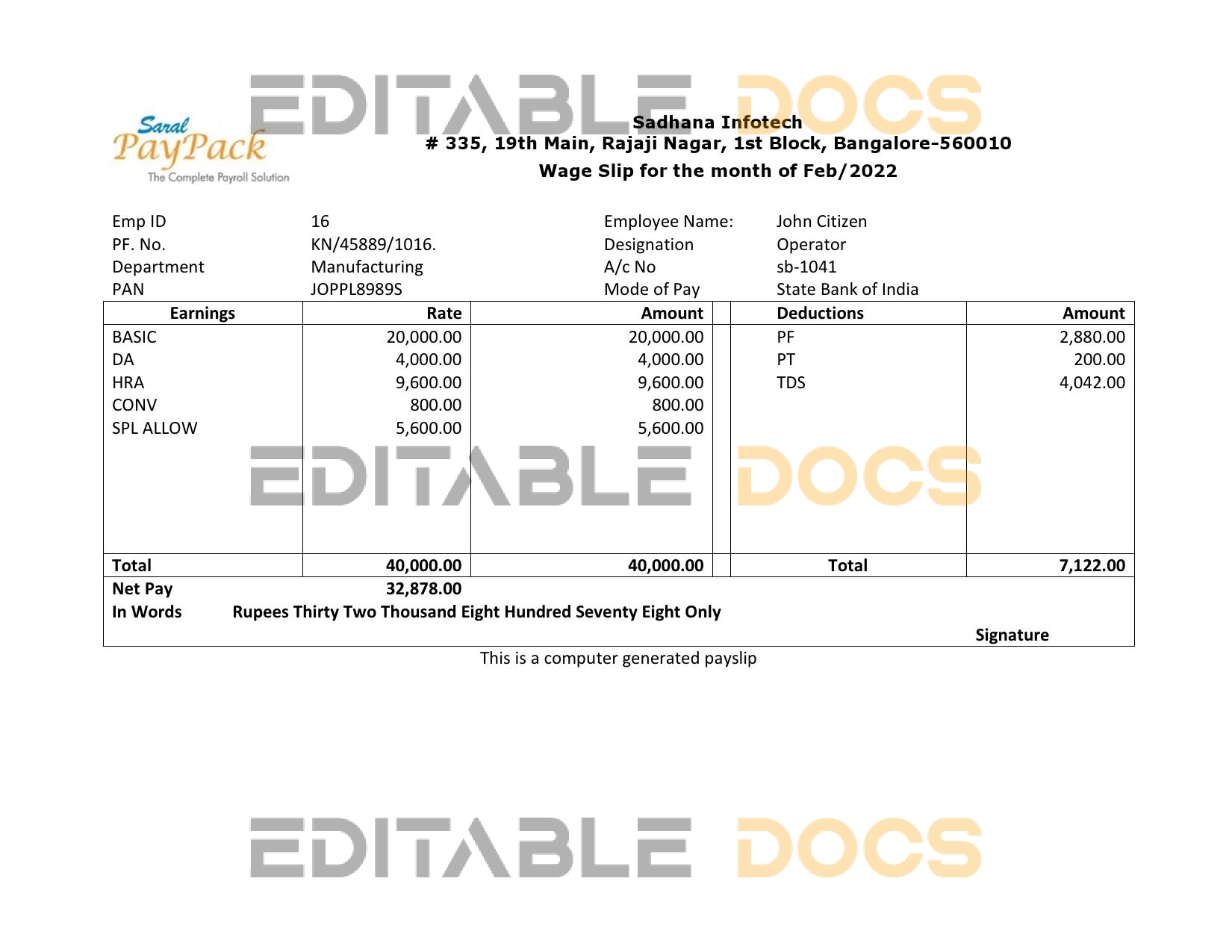 India Sadhana infotech pharmaceutical company pay stub Word and PDF template