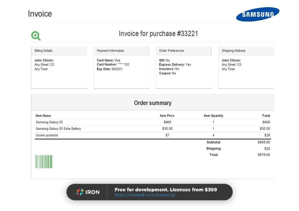 USA Samsung invoice template in Word and PDF format, fully editable