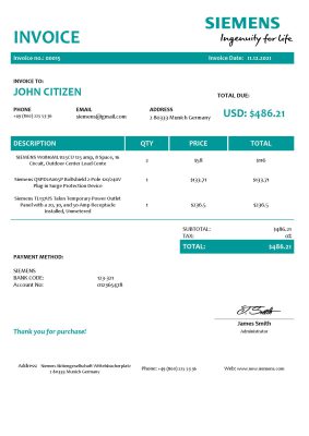 USA Siemens invoice template in Word and PDF format, fully editable