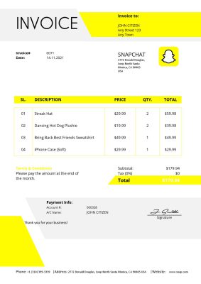 USA Snapchat invoice template in Word and PDF format, fully editable