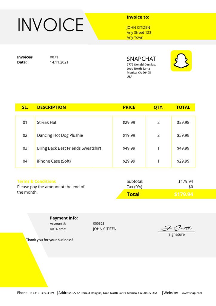 USA Snapchat invoice template in Word and PDF format, fully editable
