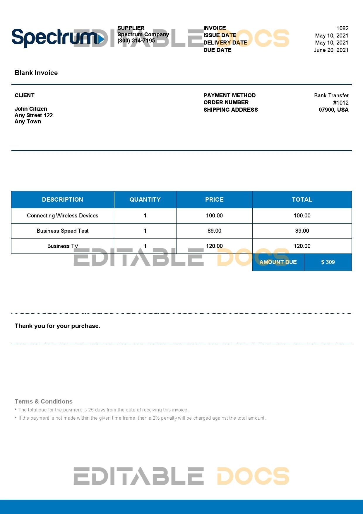 USA Spectrum invoice template in Word and PDF format, fully editable