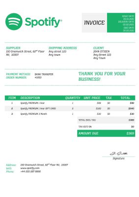 USA Spotify invoice template in Word and PDF format, fully editable