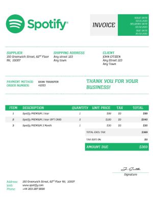 USA Editable Templates 9 USA Spotify invoice template in Word and PDF format, fully editable