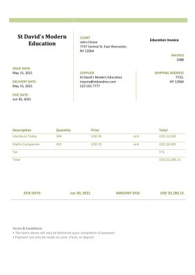 USA St David’s Modern Education invoice template in Word and PDF format, fully editable