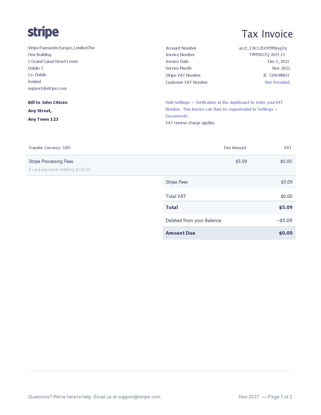 USA Stripe tax invoice template in Word and PDF format, fully editable