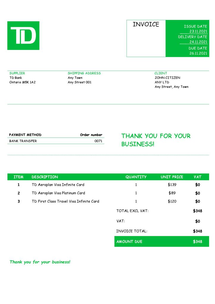 USA TD invoice template in Word and PDF format, fully editable