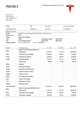 USA Tesla invoice template in Word and PDF format, fully editable