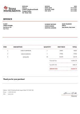 USA Texas Instruments invoice template in Word and PDF format, fully editable