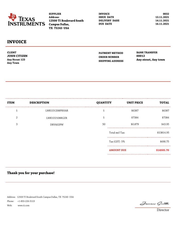 USA Texas Instruments invoice template in Word and PDF format, fully editable