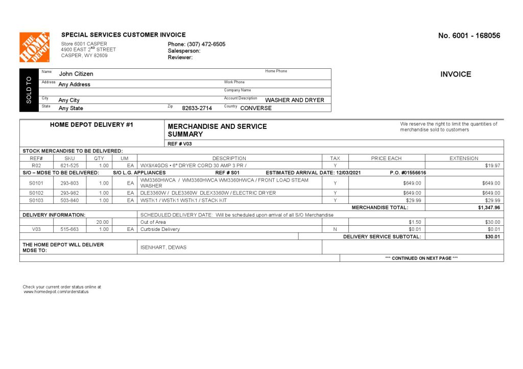 USA The Home Depot invoice template in Word and PDF format, fully editable