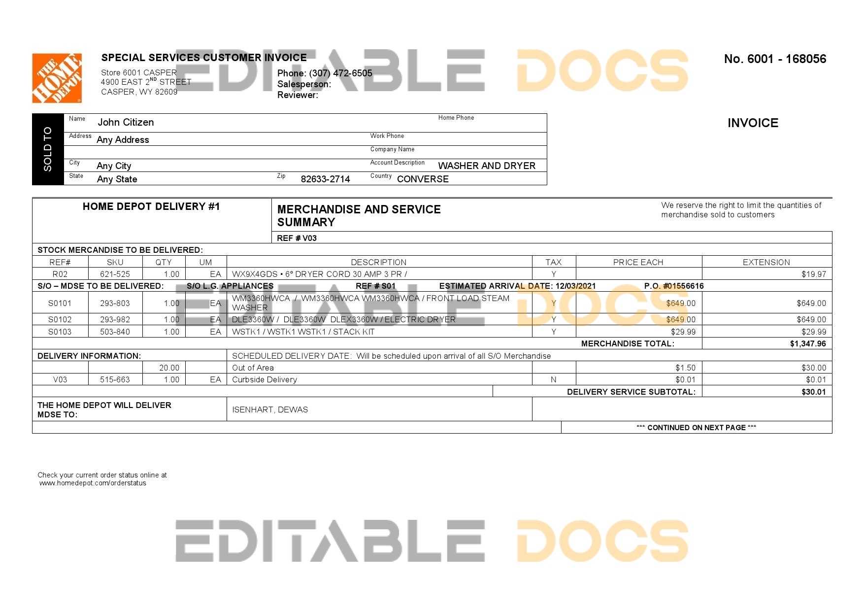 USA The Home Depot invoice template in Word and PDF format, fully editable