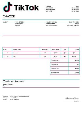 USA Tik Tok invoice template in Word and PDF format, fully editable