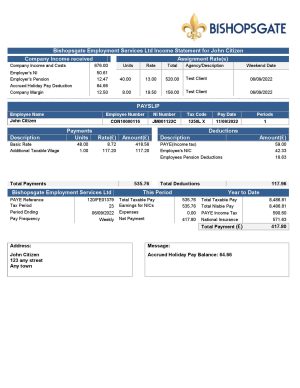 England Editable Templates 8 United Kingdom Bishopsgate payroll services company pay stub Word and PDF template