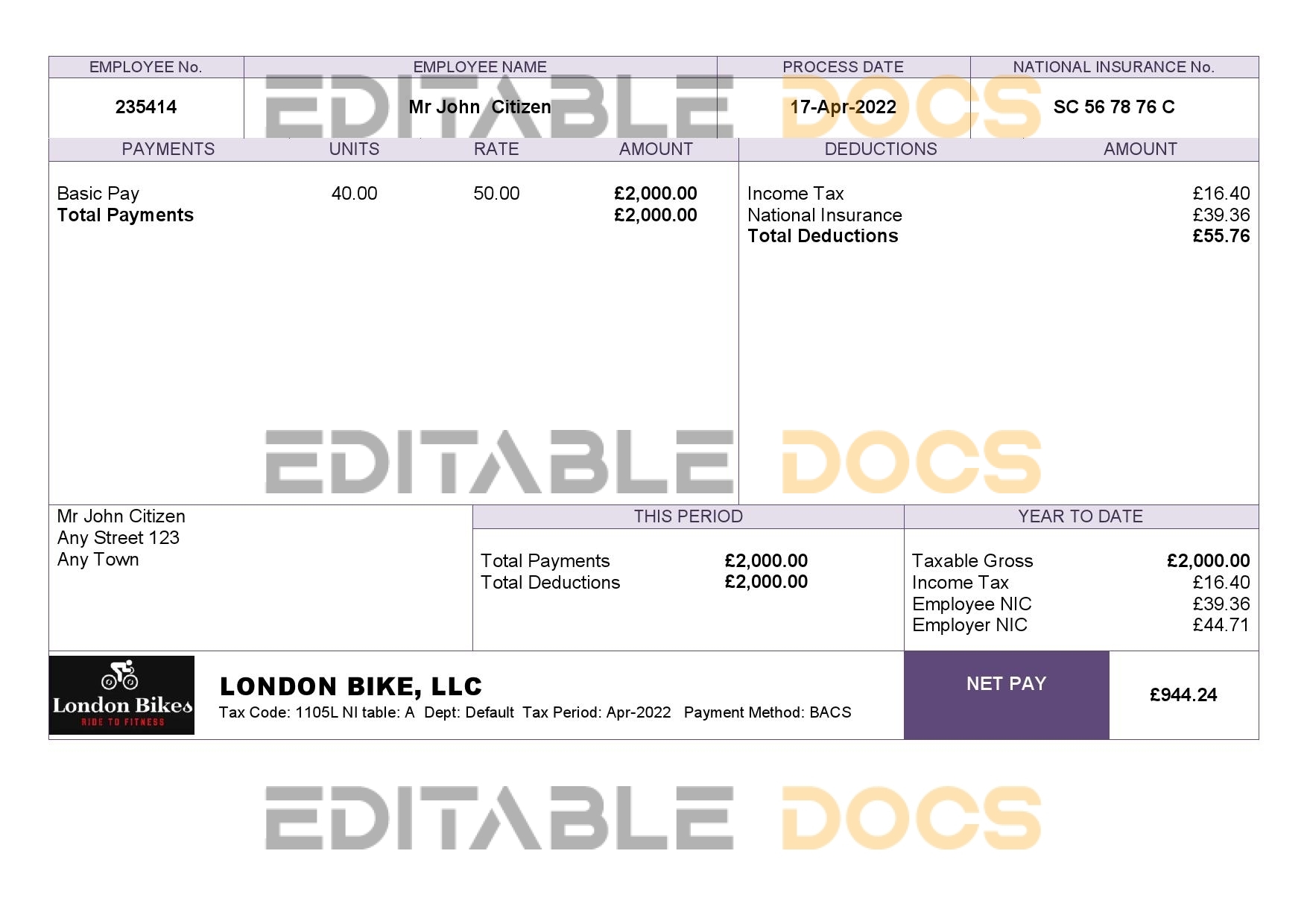 UK biking company employee sheet template in Word and PDF format