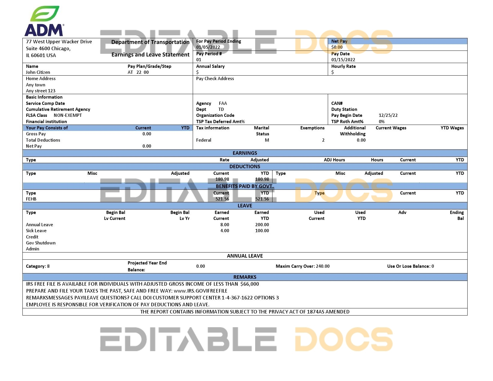 USA ADM food processing company pay stub Word and PDF template
