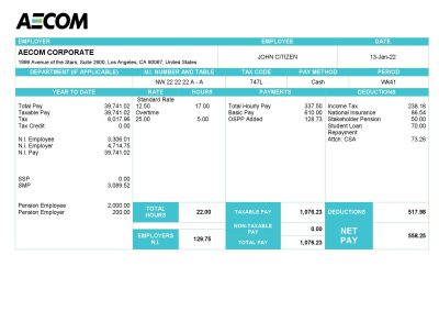 USA AECOM construction company pay stub Word and PDF template