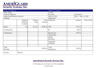 USA AmeriGuard Security Services Inc security company pay stub Word and PDF template