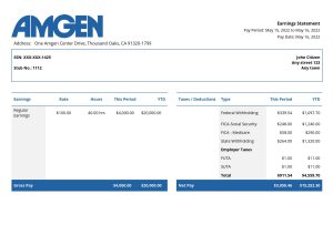 USA Editable Templates 6 USA Amgen biotechnology company pay stub Word and PDF template