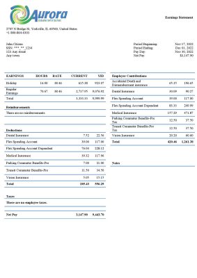 USA Aurora Specialty Textiles Group textile company pay stub Word and PDF template