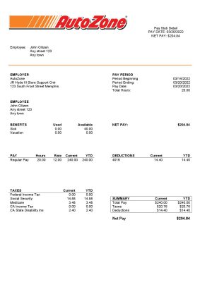 USA Auto Zone auto retailer company pay stub Word and PDF template
