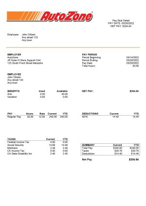 USA Editable Templates 15 USA Auto Zone auto retailer company pay stub Word and PDF template