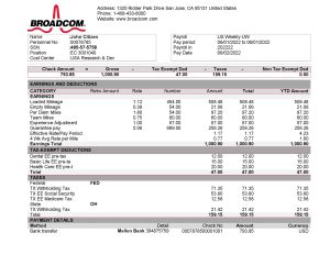 USA Editable Templates 4 USA Broadcom semiconductor company pay stub Word and PDF template
