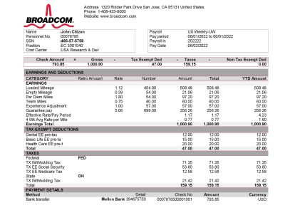 USA Broadcom semiconductor company pay stub Word and PDF template