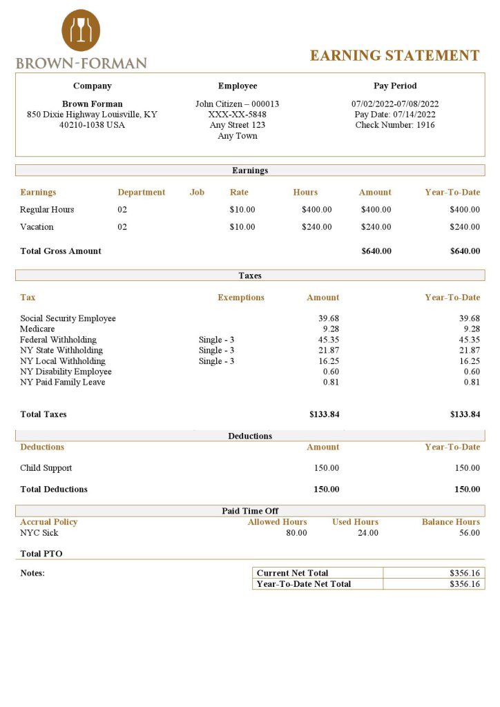 USA Brown Forman alcoholic beverages company pay stub Word and PDF template