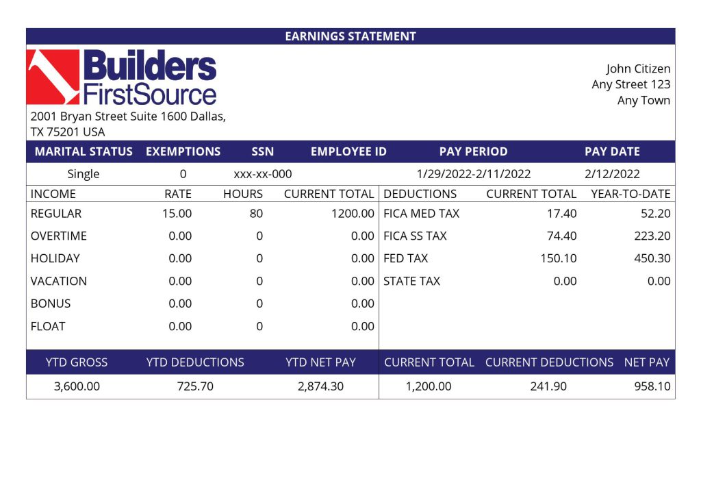 USA building materials earning statement template in Word and PDF format