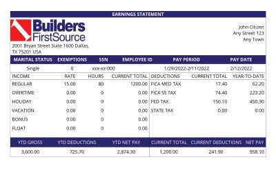 USA building materials earning statement template in Word and PDF format