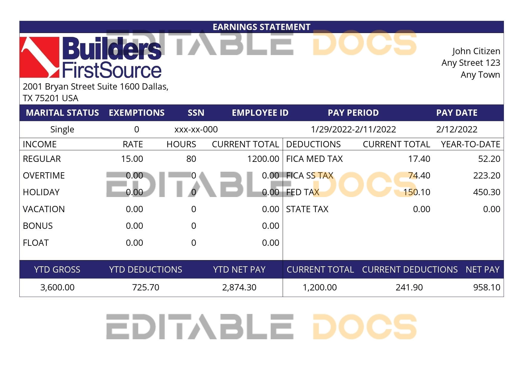 USA building materials earning statement template in Word and PDF format