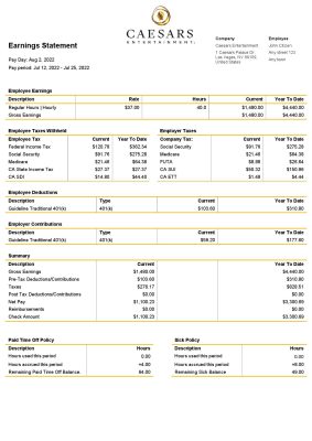 USA Caesars Entertainment casino and resort company pay stub Word and PDF template