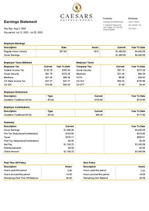 USA Editable Templates 9 USA Caesars Entertainment casino and resort company pay stub Word and PDF template