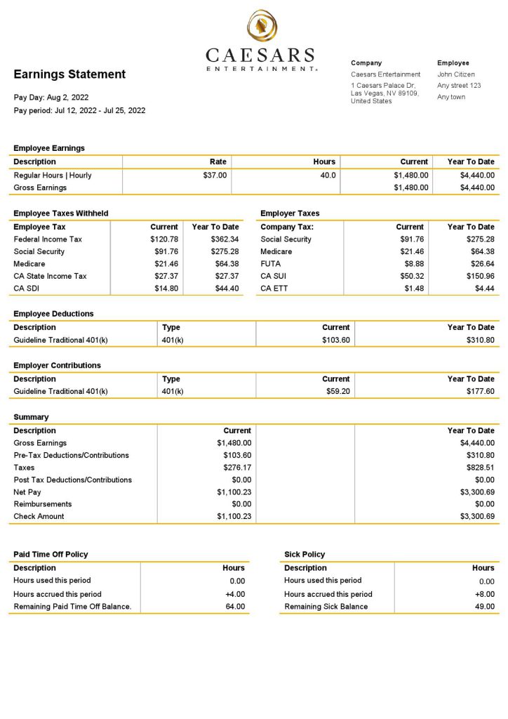 USA Caesars Entertainment casino and resort company pay stub Word and PDF template