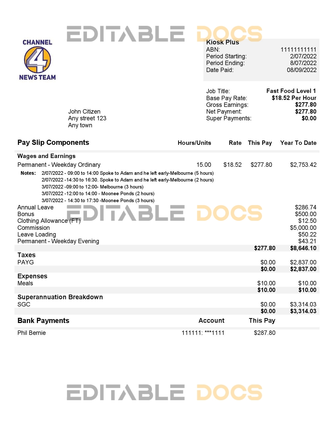 USA Channel News Team 4 media company pay stub Word and PDF template