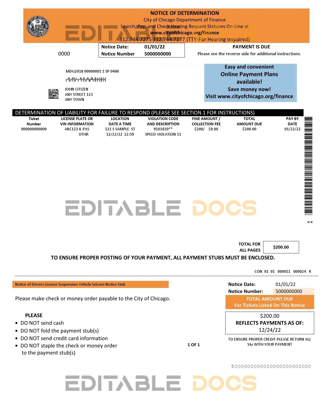 USA Chicago Notice of Determination pay stub Word and PDF template