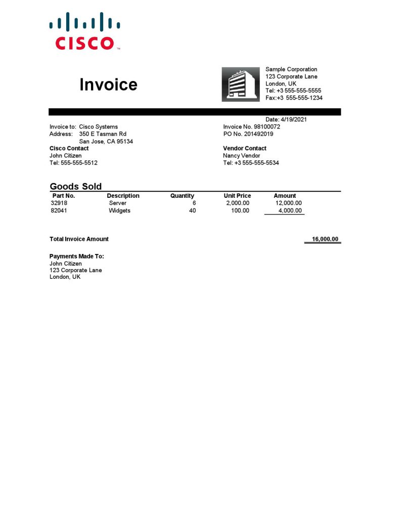 USA Cisco invoice template in Word and PDF format, fully editable