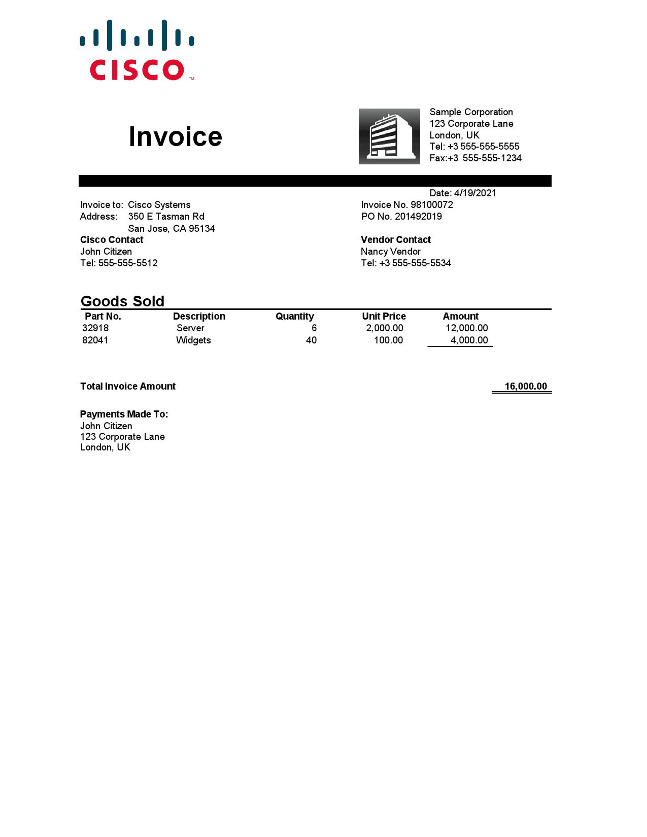 USA Cisco invoice template in Word and PDF format, fully editable