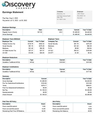 USA Editable Templates 12 USA Discovery Inc. entertainment company pay stub Word and PDF template