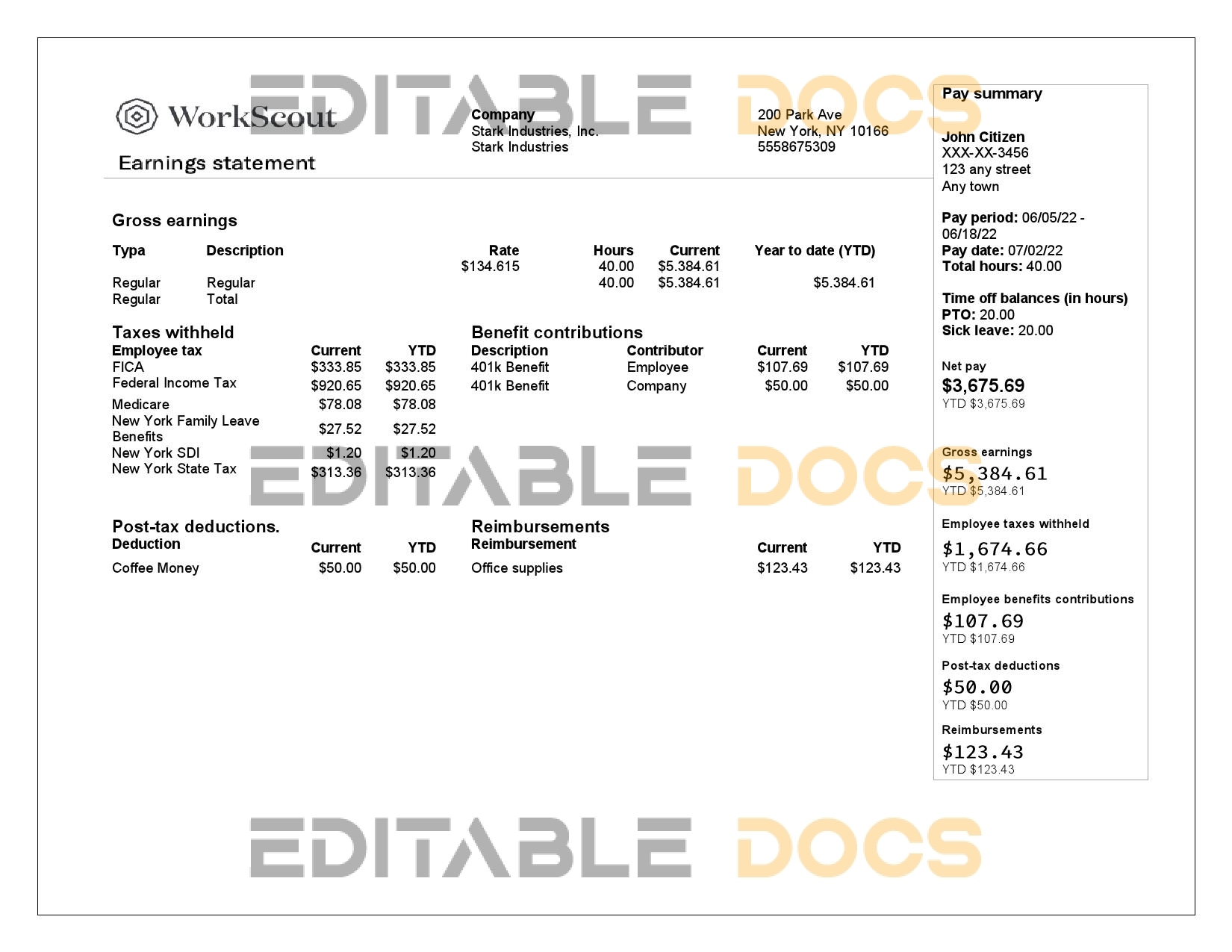 USA IT technologies company earning statement template in Word and PDF format