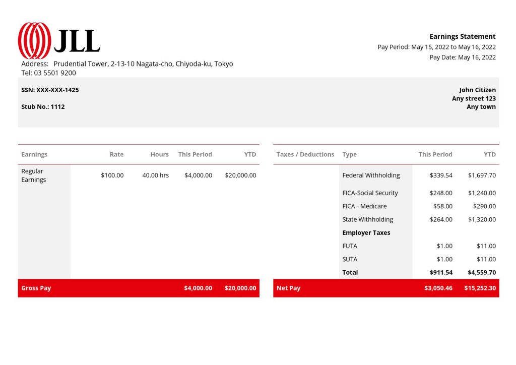 USA JLL real estate company pay stub Word and PDF template