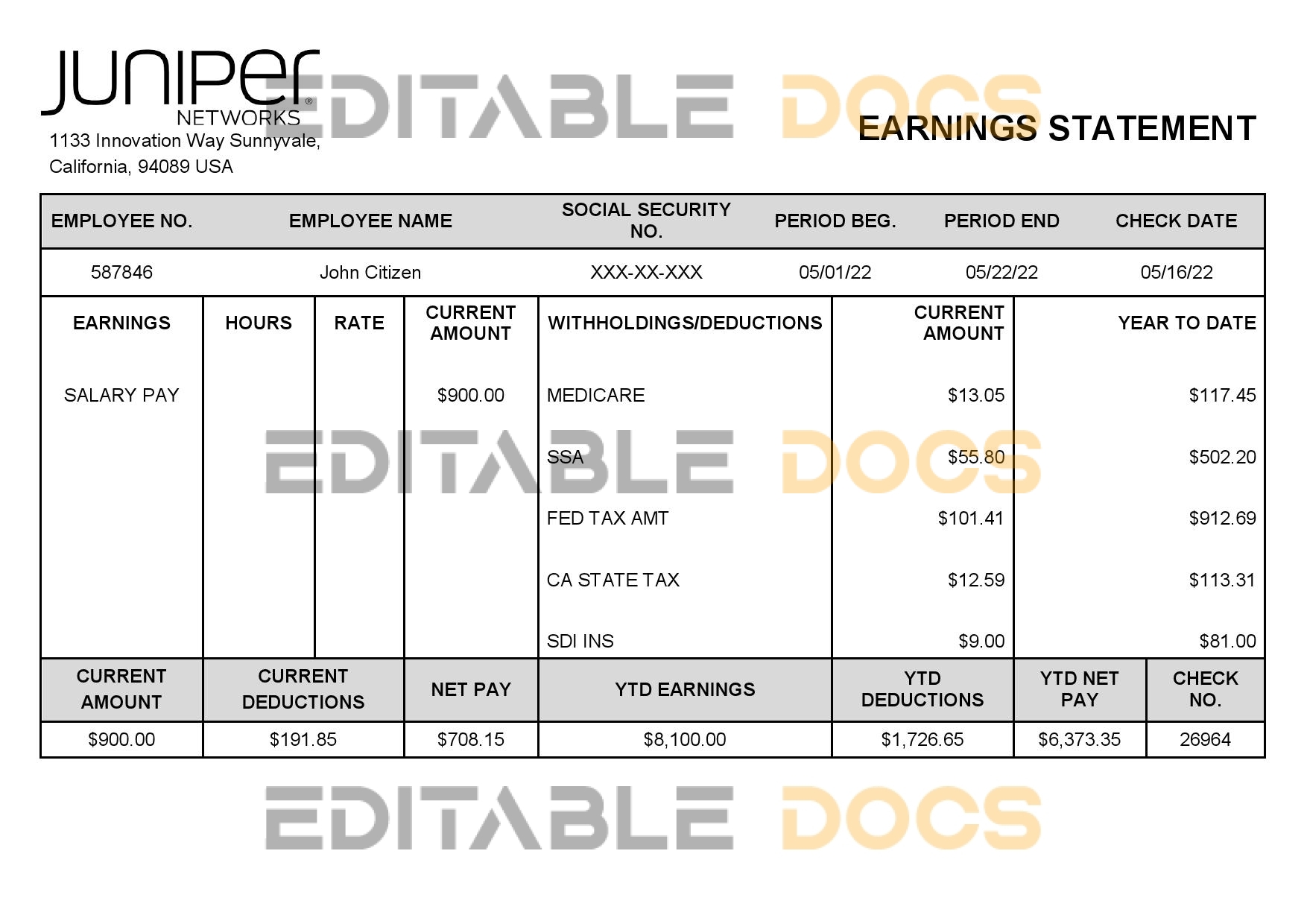 USA Juniper networking company pay stub Word and PDF template