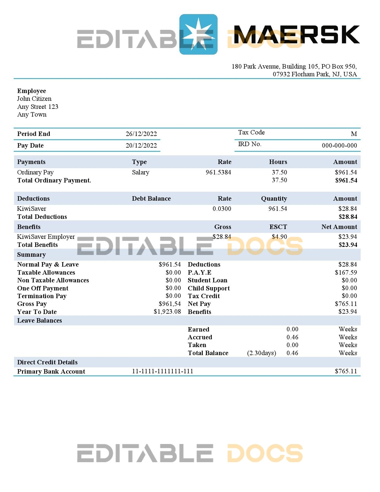 USA Maesk shipping company pay stub Word and PDF template