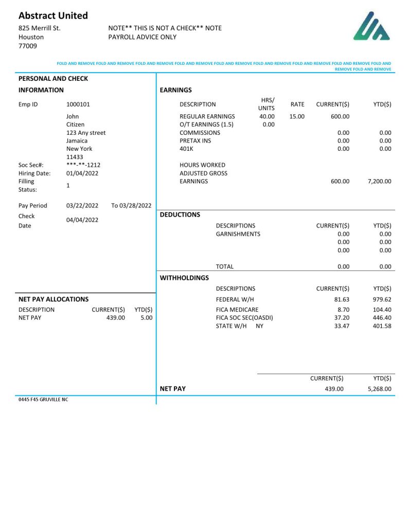 USA New York Abstract United pay stub Word and PDF template