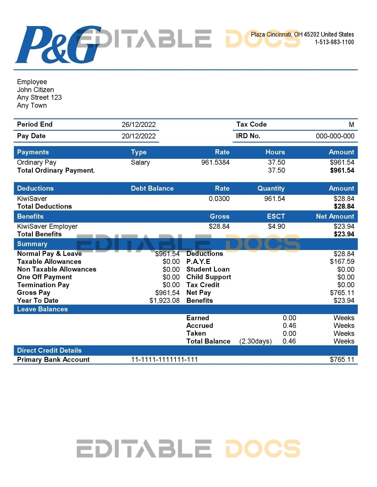USA Procter & Gamble consumer products company pay stub Word and PDF template