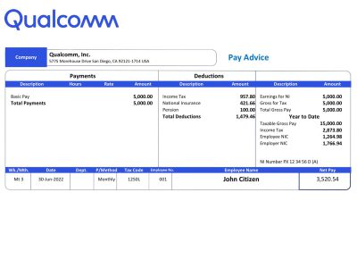 USA Qualcomm semiconductor company pay stub Word and PDF template