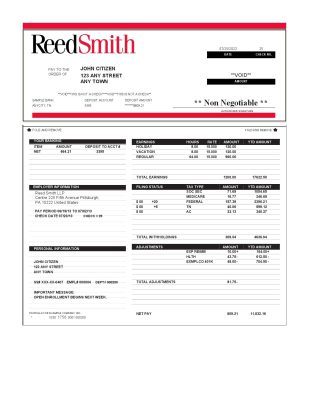 USA Reed Smith LLP law company pay stub Word and PDF template