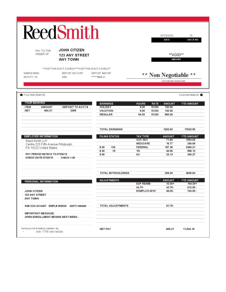 USA Reed Smith LLP law company pay stub Word and PDF template