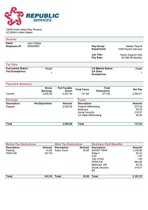 USA Editable Templates 11 USA Republic Services waste management company pay stub Word and PDF template